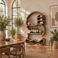 Scroll shaped wine rack with a stemware rail and a wavy base cradle in a bright dining room with arched windows and plants