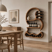 Scroll shaped wine rack with a stemware rail and a wavy base cradle in a Scandinavian dining room with white walls