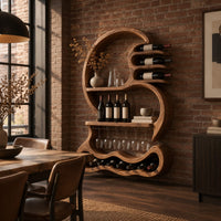 Scroll shaped wine rack with a stemware rail and a wavy base cradle in an industrial loft dining room with exposed brick