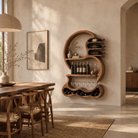 Scroll shaped wine rack with a stemware rail and a wavy base cradle in a bright open plan dining room