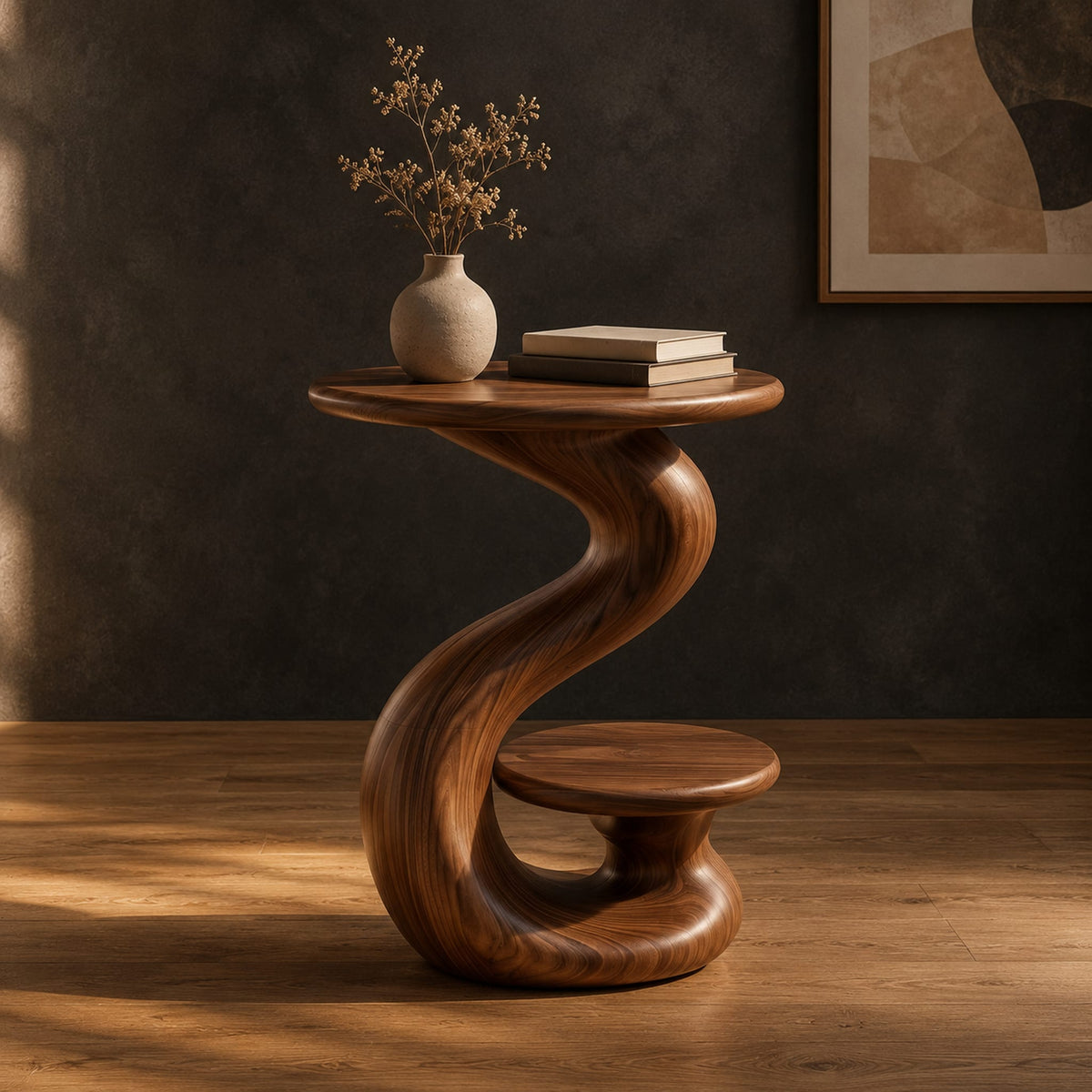 Curling swirl side table with a wide top and a small nested disc shelf in a dark studio against a charcoal plaster wall