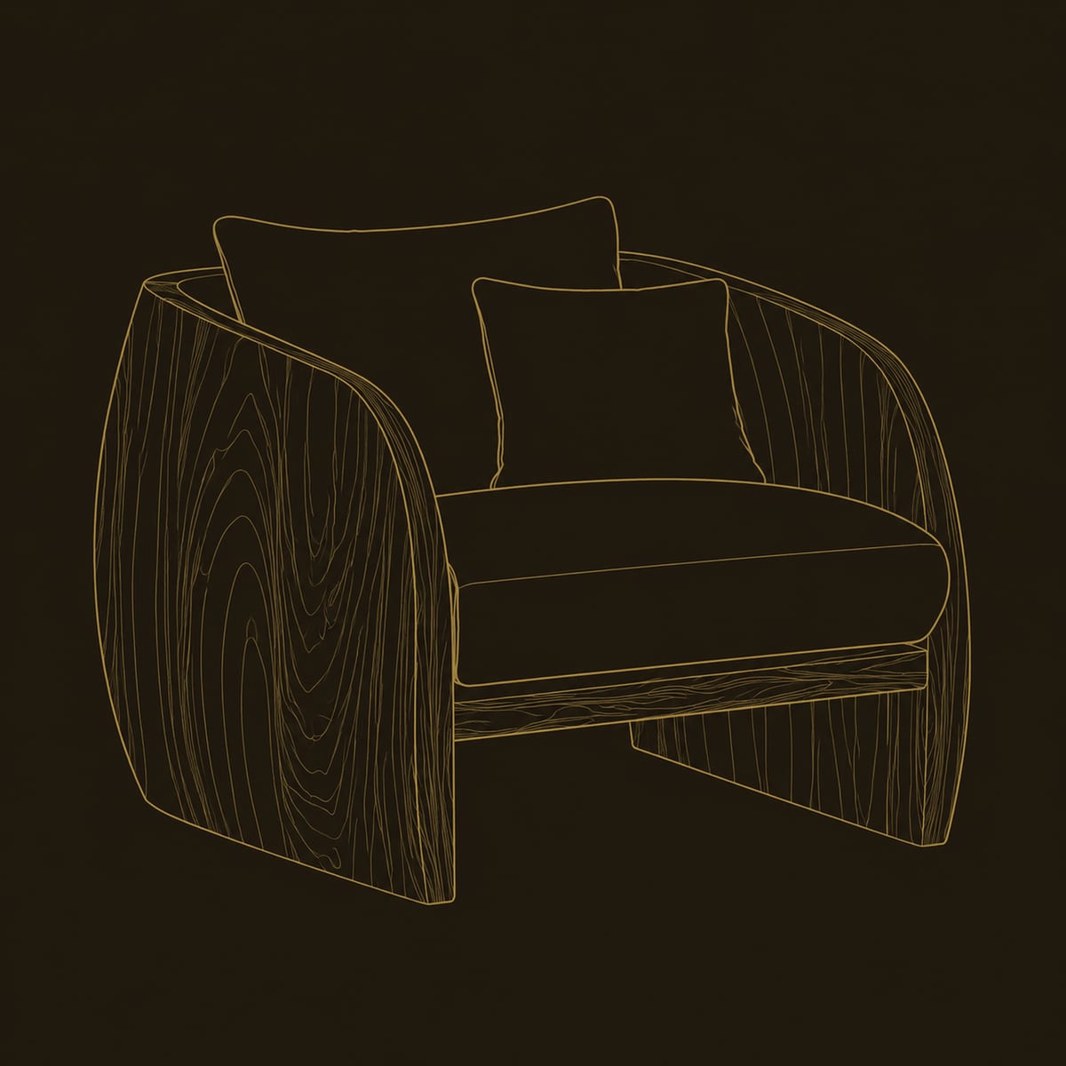 Curved Barrel Chair With Sculpted Wood Shell Sides dimension diagram