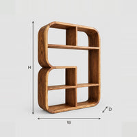 Curved Bookshelf With Double Loop Frame And Staggered Cubbies dimension diagram with width, height and depth
