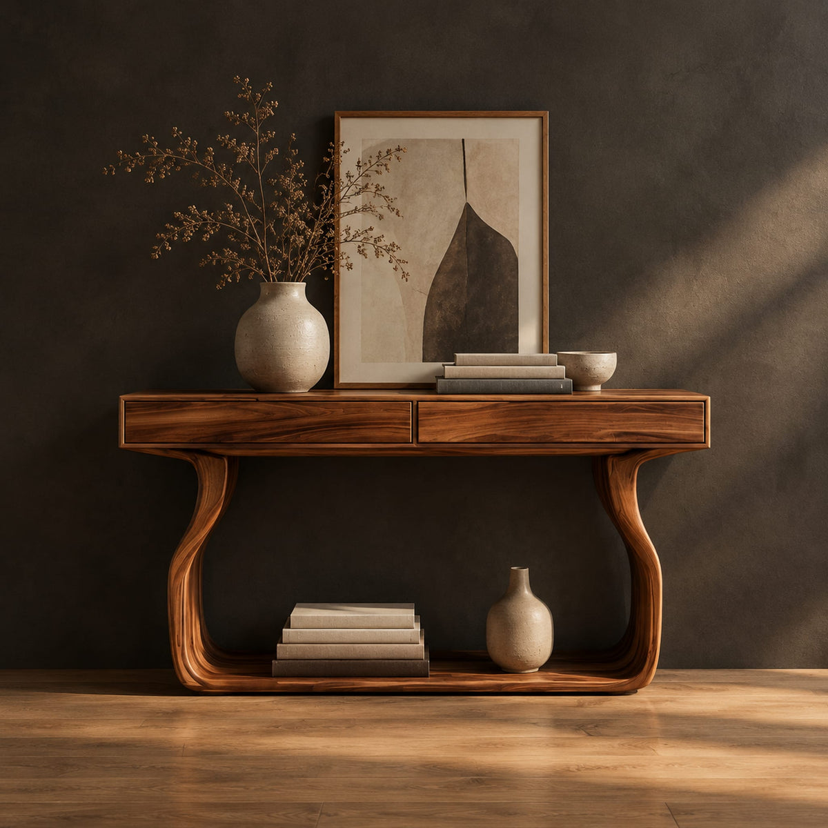 Slim console table on bowed sculpted legs joined by a wide floor rail in a dark studio against a charcoal plaster wall