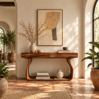 Slim console table on bowed sculpted legs joined by a wide floor rail in a bright entryway with arched windows and plants