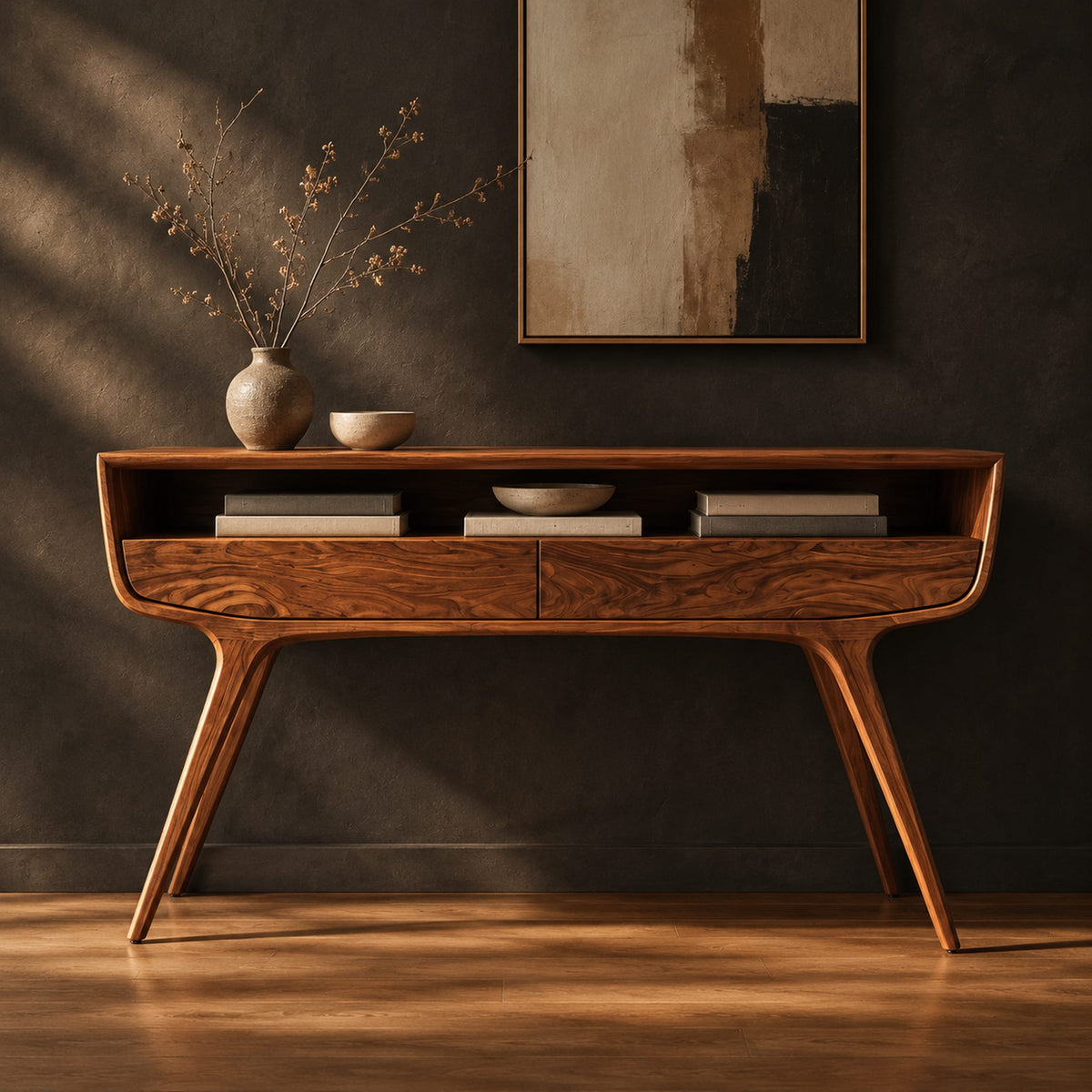 Curved console table with two drawers, open shelf and tapered legs in a dark studio against a charcoal plaster wall