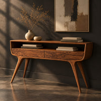 Curved console table with two drawers, open shelf and tapered legs, three-quarter view showing the grain
