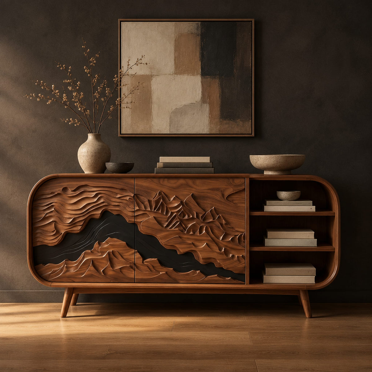 Curved end wooden sideboard with mountain carved doors and open shelves in a dark studio against a charcoal plaster wall