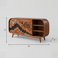 Curved End Sideboard With Mountain Carved Doors And Open Shelves dimension diagram with width, height and depth