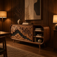 Curved end wooden sideboard with mountain carved doors and open shelves in an evening dining room with walnut wall paneling