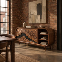 Curved end wooden sideboard with mountain carved doors and open shelves in an industrial loft dining room with exposed brick