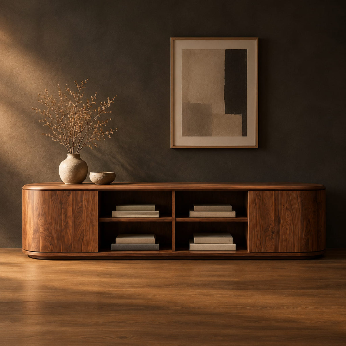 Long tv stand with curved ends, solid end panels and four open center cubbies in a dark studio against a charcoal plaster wall