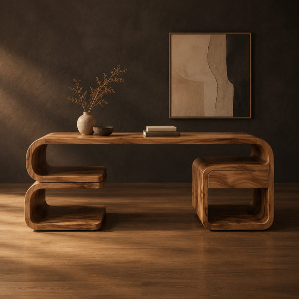Curved Loop Desk With Stacked Shelf Base And Open Cubby Side
