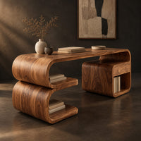 Corner detail of curved loop desk with a stacked shelf base and an open cubby side beside wood, brass and linen samples