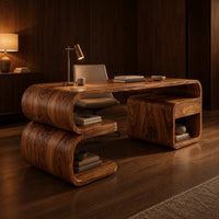 Curved loop desk with a stacked shelf base and an open cubby side in an evening home office with walnut wall paneling