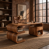 Curved loop desk with a stacked shelf base and an open cubby side in an industrial loft home office with exposed brick