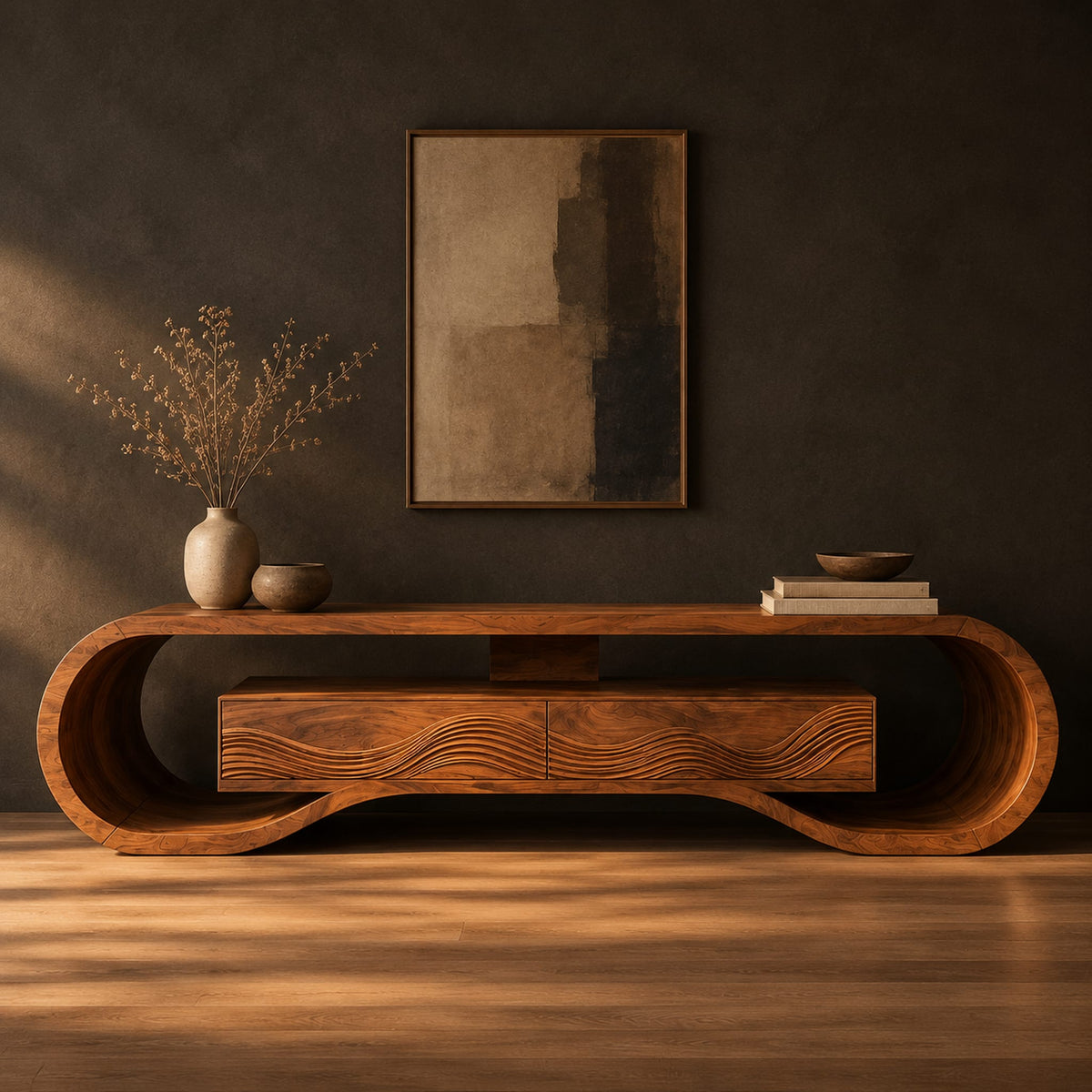Tv stand with a looping curved frame and a wave carved center box in a dark studio against a charcoal plaster wall
