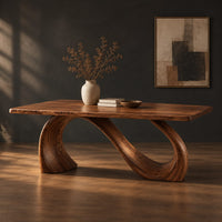 Dining table with a slim top on a looping curved ribbon base, three-quarter view showing the grain