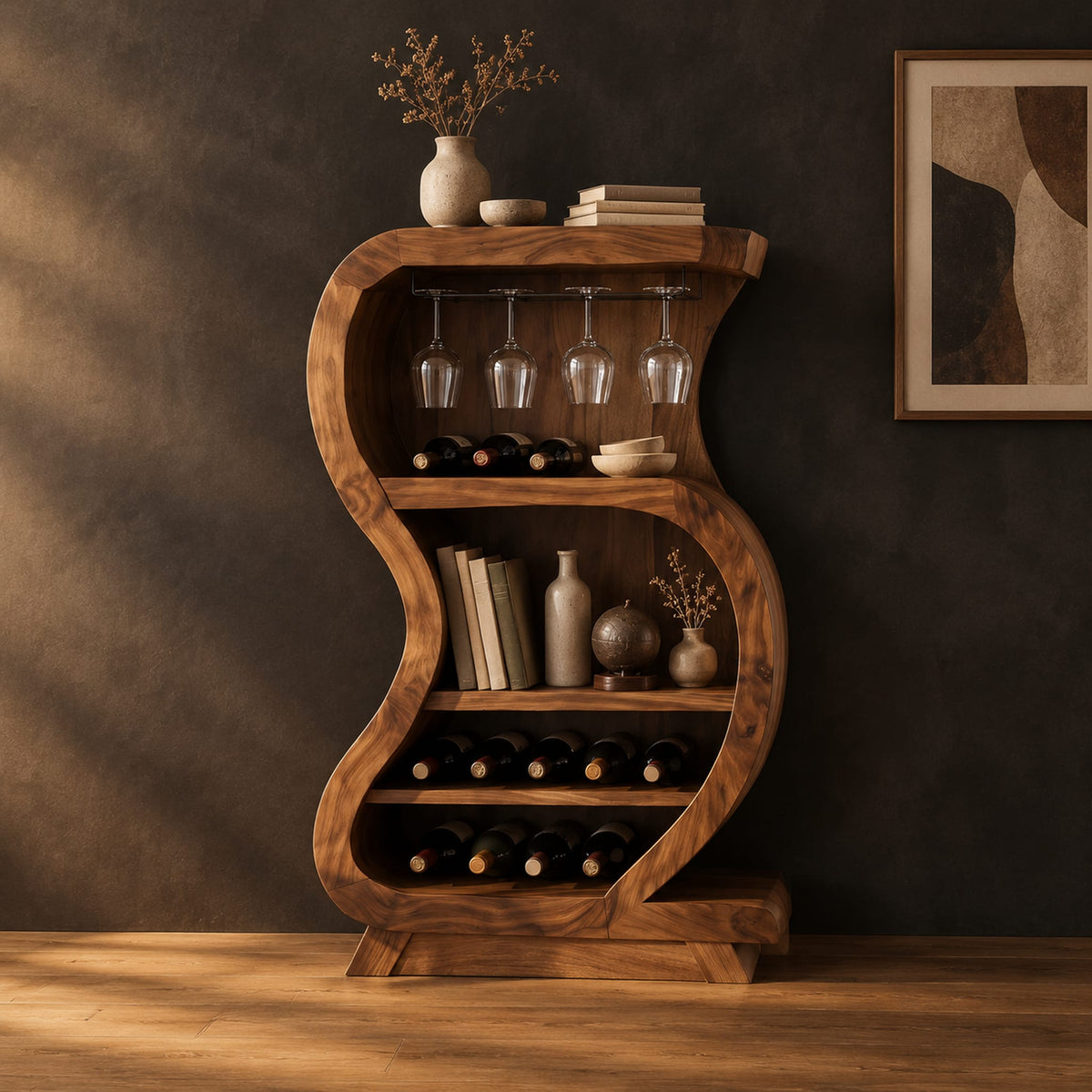 S shaped open bar cabinet with a glass rail and tiered bottle shelves in a dark studio against a charcoal plaster wall