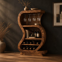 S shaped open bar cabinet with a glass rail and tiered bottle shelves, three-quarter view showing the grain