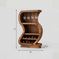 Curved S Shaped Bar Cabinet With Open Shelves And Glass Rail dimension diagram with width, height and depth
