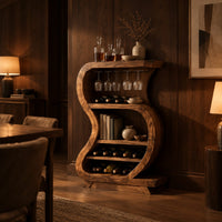 S shaped open bar cabinet with a glass rail and tiered bottle shelves in an evening dining room with walnut wall paneling