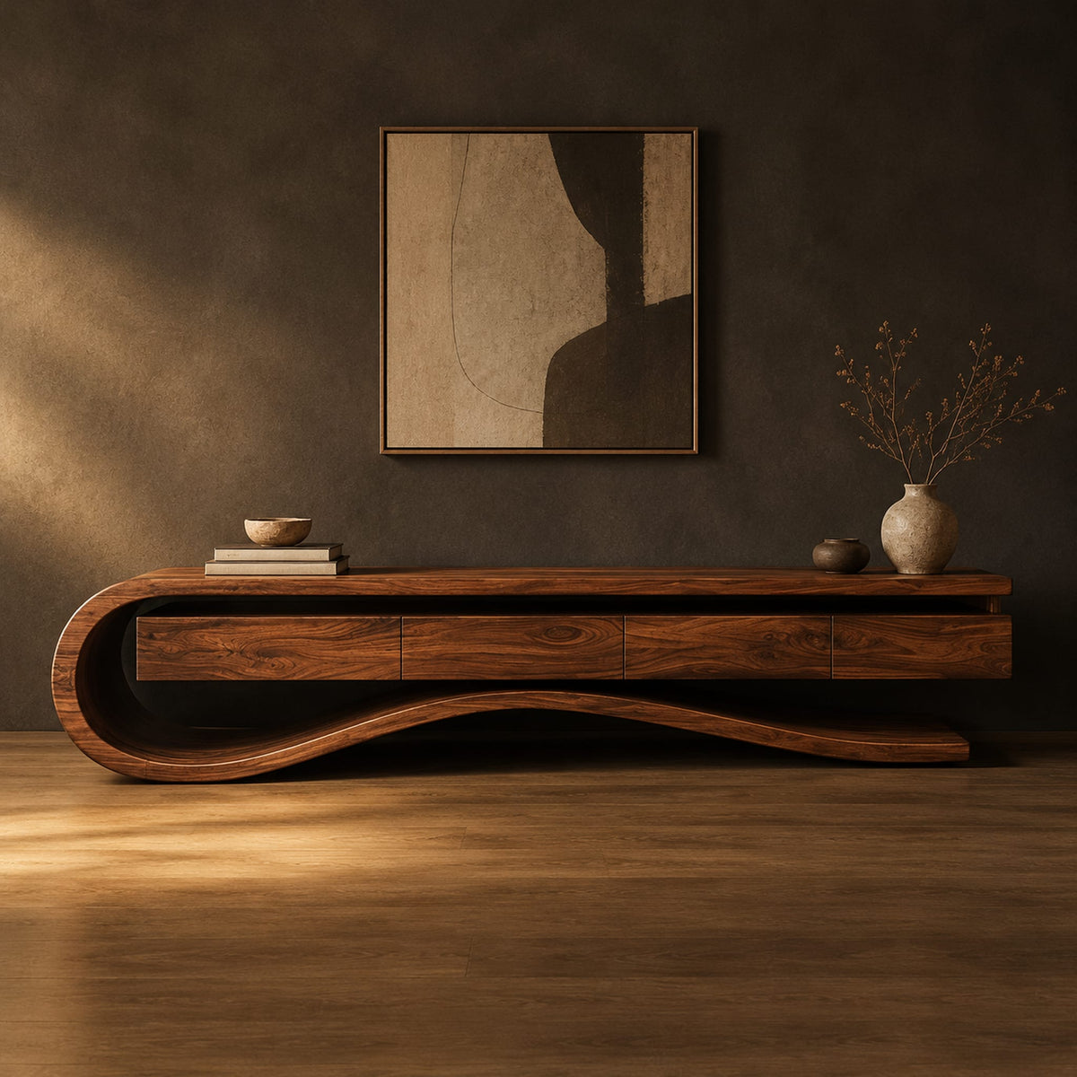 Low tv stand with a curled end and a wavy ribbon base in a dark studio against a charcoal plaster wall