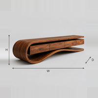 Curved Scroll End TV Stand With Ribbon Wave Base dimension diagram with width, height and depth
