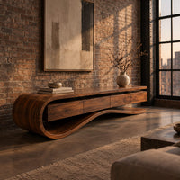 Low tv stand with a curled end and a wavy ribbon base in an industrial loft living room with exposed brick