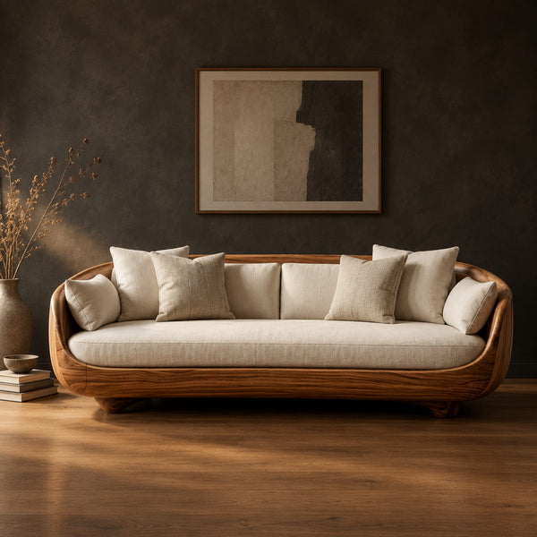 Curved Shell Sofa With Sweeping Wooden Sides And Long Seat