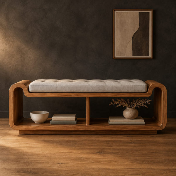 Curved Storage Bench With Tufted Seat And Two Open Cubbies