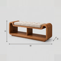 Curved Storage Bench With Tufted Seat And Two Open Cubbies dimension diagram with width, height and depth