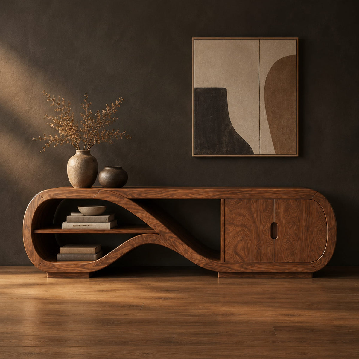 Tv stand with a looping ribbon shelf and a two door cabinet in a dark studio against a charcoal plaster wall