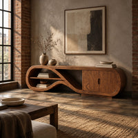 Tv stand with a looping ribbon shelf and a two door cabinet in an industrial loft living room with exposed brick
