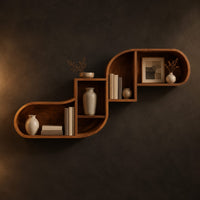 Stepped s shaped wall shelf with open cubbies of different sizes in a dark studio against a charcoal plaster wall