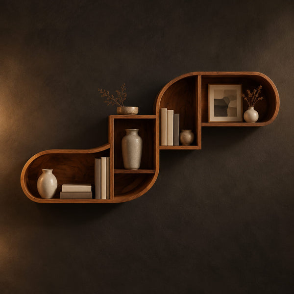 Curved Wall Shelf With Stepped S Shape And Open Cubbies