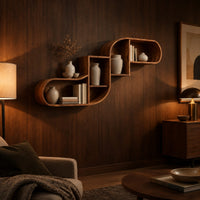 Stepped s shaped wall shelf with open cubbies of different sizes in an evening living room with walnut wall paneling