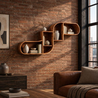 Stepped s shaped wall shelf with open cubbies of different sizes in an industrial loft living room with exposed brick