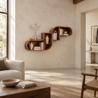 Stepped s shaped wall shelf with open cubbies of different sizes in a bright open plan living room