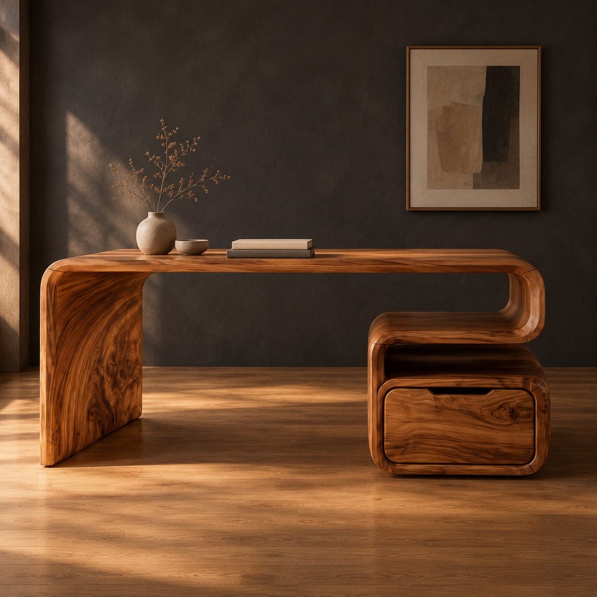 Waterfall desk with a curved top and a scroll shaped drawer pedestal in a dark studio against a charcoal plaster wall