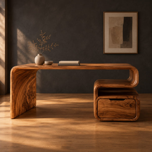 Curved Waterfall Desk With Scroll Shaped Pedestal And Drawer