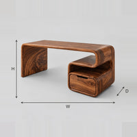 Curved Waterfall Desk With Scroll Shaped Pedestal And Drawer dimension diagram with width, height and depth