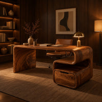 Waterfall desk with a curved top and a scroll shaped drawer pedestal in an evening home office with walnut wall paneling