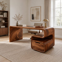 Waterfall desk with a curved top and a scroll shaped drawer pedestal in a Scandinavian home office with white walls