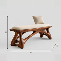 Cushioned Bench With Branching Sculpted Legs And Arched Braces dimension diagram with width, height and depth