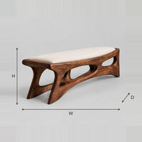 Cushioned Bench With Carved Open Frame And Slanted Legs dimension diagram with width, height and depth