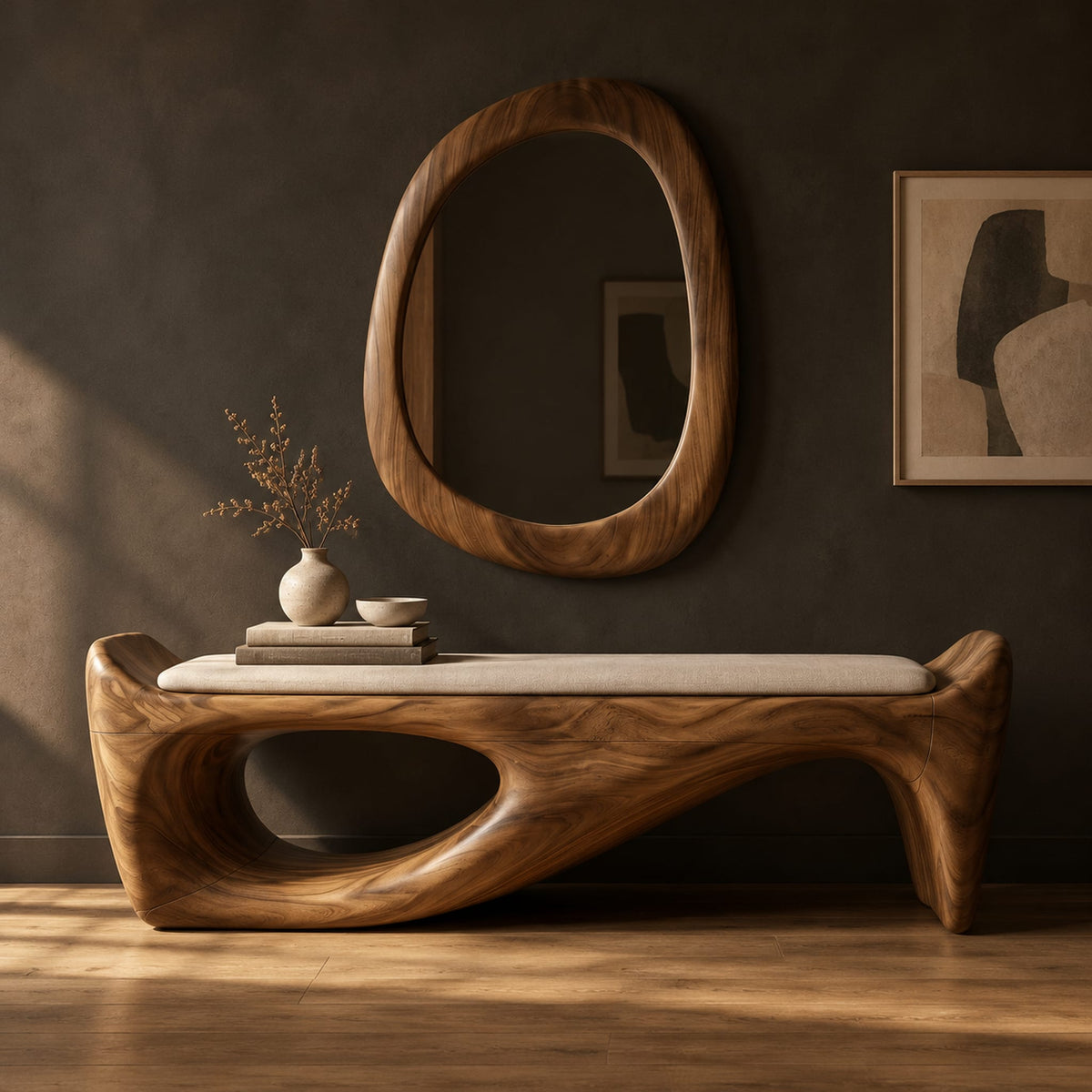 Cushioned bench with a sweeping sculpted body and an oval cutout in a dark studio against a charcoal plaster wall
