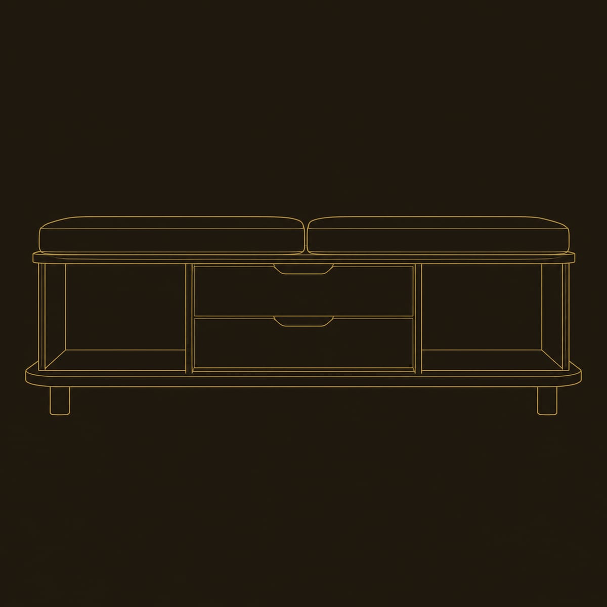 Cushioned Storage Bench With Two Center Drawers And Open Ends dimension diagram