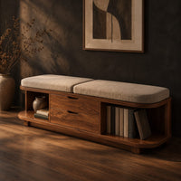 Low bench with two seat cushions, two center drawers and open end shelves, three-quarter view showing the grain