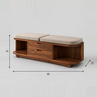 Cushioned Storage Bench With Two Center Drawers And Open Ends dimension diagram with width, height and depth